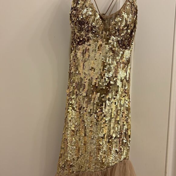 Sherri Hill woman's gorgeous gold beaded with nude lace at the bottom dress - Picture 3 of 15